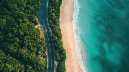 Deserted coastal road next to a beach, aerial shot with large copy space for text or design.