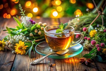 Fototapeta premium Aesthetic Top View of Herbal Tea with Fresh Herbs, Teaspoon, and Teacup on Wooden Background