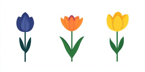 Three Colorful Flowers on a Clean White Background