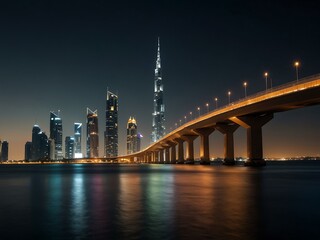 Dubai skyline at night, featuring Tolerance Bridge.