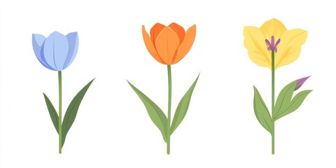 Fototapeta premium Three Colorful Flowers on a Clean White Background