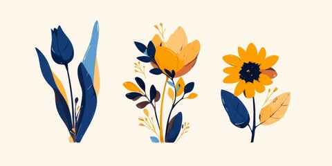  Three Flowers in Bold Geometric Style on a White Background