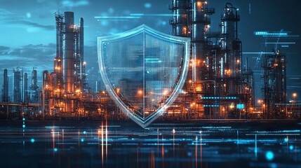 Digital Shield Over Oil Plant with Data Stream Background. AI generated illustration