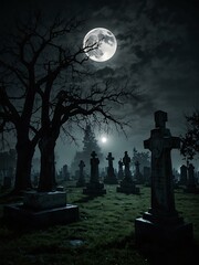 Eerie cemetery scene under a full moon.