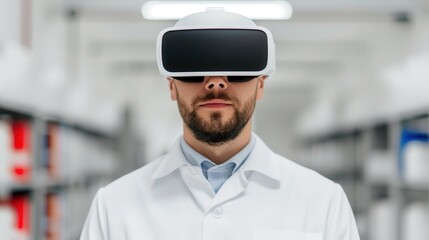 Close-up of a scientist wearing a virtual reality headset in a modern laboratory, exploring VR technology for scientific research and innovation.
