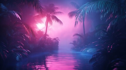 Neon Light Background with a Tropical Jungle Scene. AI generated illustration