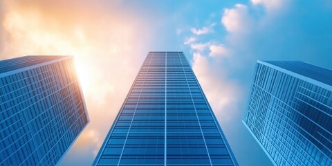 Blue skyscraper from below with bright sunny sky background
