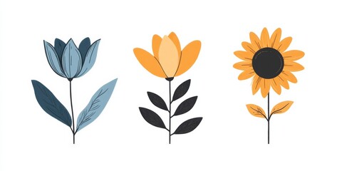  Three Flowers in Bold Geometric Style on a White Background