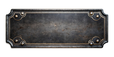 Black antique vintage grunge metal mockup sign or panel template isolated on white background. Vintage retro logos concept.