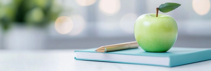 books with apple and pen on the desk, blur background