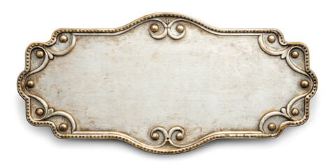 White antique vintage grunge metal mockup sign or panel template isolated on white background. Vintage retro logos concept.