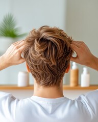 Fototapeta premium Person Styling Hair in Front of Mirror