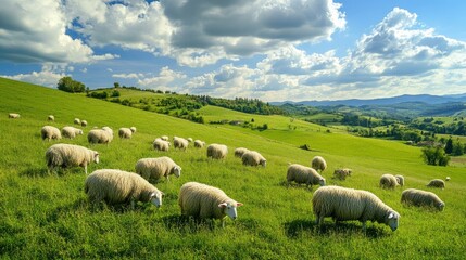 Fototapeta premium Flock of sheep grazing on a green hillside farm, no people, wide landscape with copy space.