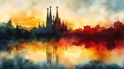 Fototapeta premium A soft watercolor painting of La Sagrada Familia’s silhouette at dawn, with the Spanish flag’s bold colors gently blending into the background sky. The light and shadows play across the scene,
