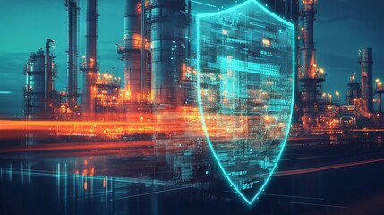 Fototapeta premium Digital Shield Over Oil Plant with Data Stream Background. AI generated illustration