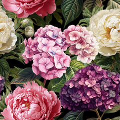 Seamless vector pattern with hydrangea and peony flowers isolated on a changeable background. Vintage painting style illustration. © Anna