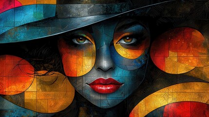 Vibrant Abstract Portrait of a Woman with Hat
