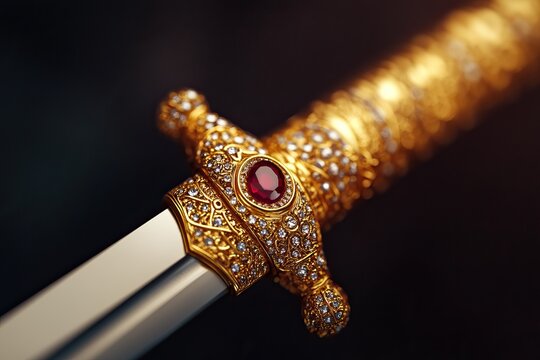 Close-up of an ornate golden sword with intricate designs and a ruby inlay, capturing the craftsmanship and historical significance.