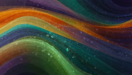 Energetic abstract waves in green, purple, and orange, creating depth and movement.