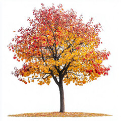 An orange and yellow autumn tree with leaves on the ground white background cut out