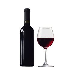 Red wine bottle and glass isolated on white, transparent
