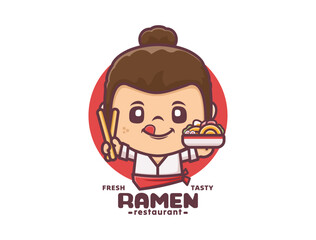 woman chef cartoon  mascot with ramen. design template logo