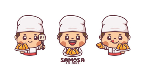 set of chef with samosa cartoon character design