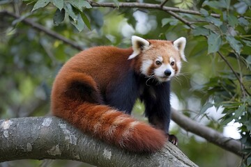 A red panda, a species known for its reddish-brown fur and bushy tail, perched on a tree branch