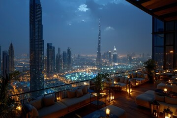 Fototapeta premium Rooftop Lounge with Cityscape View at Night in Dubai