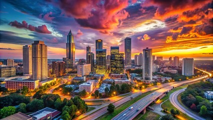Naklejka premium Atlanta Skyline at Dusk with Futuristic Architecture and Urban Landscape Under Vibrant Clouds
