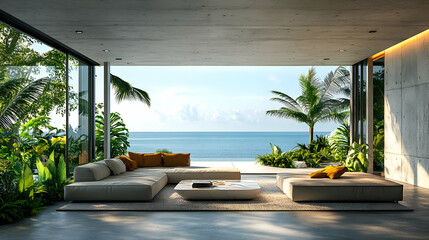 Obraz premium Modern Living Room with Ocean View 3D Illustration