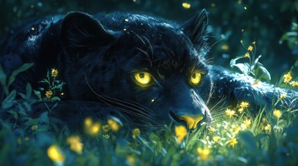 A stealthy black panther lurking among glowing flowers at night.