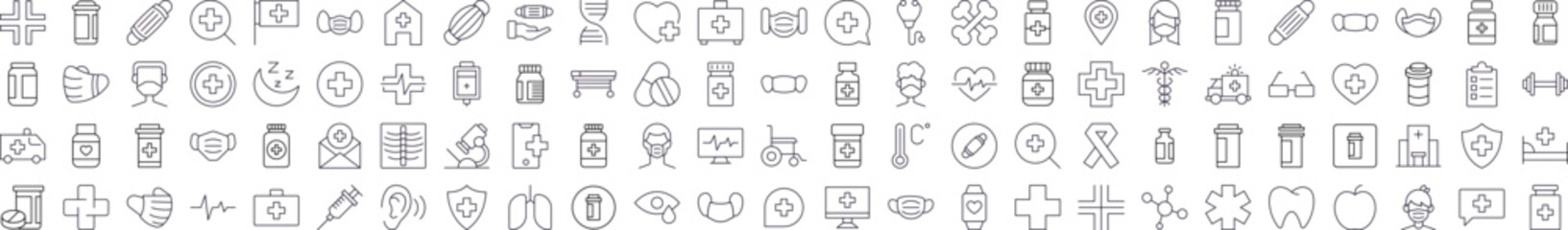 Medicine and Healthcare Thin Line Icon Set. Editable Stroke. Suitable for Banners, Cards, Social Networks, Apps