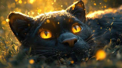 Close-up of a black cat with striking golden eyes in a glowing setting.
