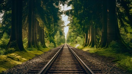 Obraz premium Rlroad Tracks Through Green Forest Nature Woodland Pathway Path