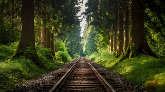 Rlroad Tracks Through Lush Forest