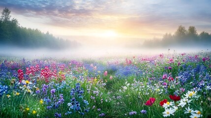 A beautiful field of wildflowers in bloom at sunrise with fog rolling in.