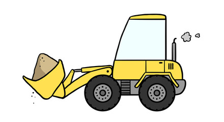 Fototapeta premium Yellow cartoon bulldozer with soil on construction site