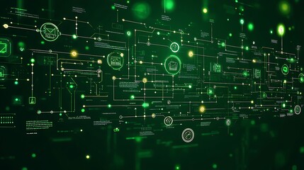 AI Algorithm Flowchart A flowchart depicting an AI algorithm with nodes and decision points on a solid green background, showcasing AI logic and processes.