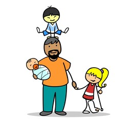 Illustration of a loving father holding a baby and spending time with playful children full of joy and happiness