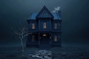 luxury classic dark blue two storey house with large triangle, dry leafless tree, elegant classic lamp and stack stones floor isolated on dark background 