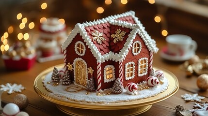 Festive gingerbread house decorated with intricate frosting and candies, set on a golden plate with a warm, cozy holiday background.
