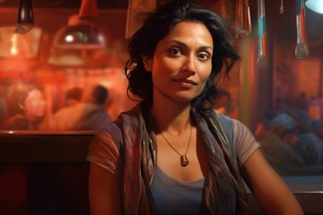 Portrait of a tender indian woman in her 50s dressed in a thermal insulation vest in lively nightclub background