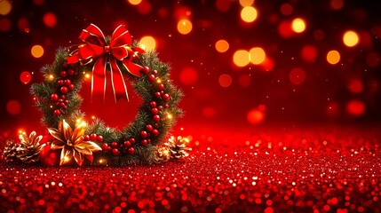 Festive Christmas wreath with red decorations and lights against a sparkling red background. This image contains ample copyspace.