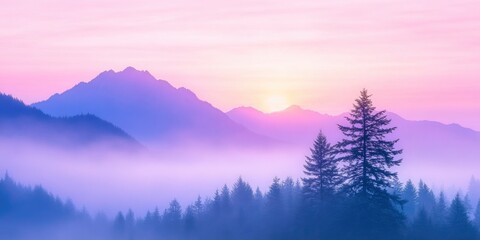 Obraz premium a mountain range with trees and a sunset