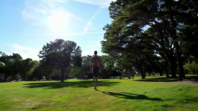 Tall, slender man with notably long arms, characteristics associated with Marfan syndrome, strolling through a park.The man is depicted with his back turned, which accentuates his stature and the leng