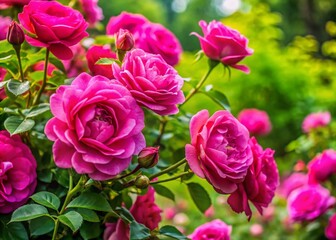 Fototapeta premium Beautiful blooming pink rose plant with lush green leaves in a garden setting during springtime