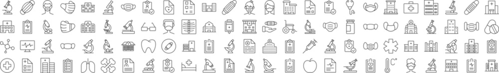 Health Care and Treatment Line Icon Set. Editable Stroke. Minimalistic Linear Pictogram for Design of Cards, Apps, Banners, Posts