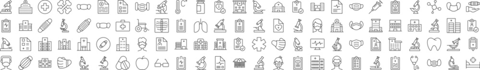 Health Care and Treatment Line Icon Collection. Editable Stroke. Minimalistic Linear Pictogram for Design of Cards, Apps, Banners, Posts