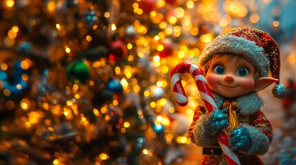 Fototapeta premium A festive Christmas elf holding candy canes with a sparkling Christmas tree in the background. Contains ample room for copyspace.